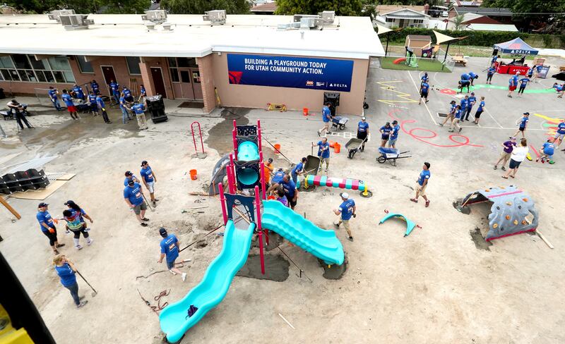 Volunteers from Delta Air Lines, Utah Community Action and the community join KaBOOM! in transforming an empty site into a kid-designed, state-of-the-art playground at James R. Russell Head Start in Salt Lake City on Saturday, July 14, 2018. The new playg