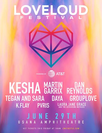 LoveLoud Festival will be held Saturday, June 29 at the USANA Amphitheatre. Kesha, Tegan and Sara and Imagine Dragons frontman Dan Reynolds are among this year's performers.