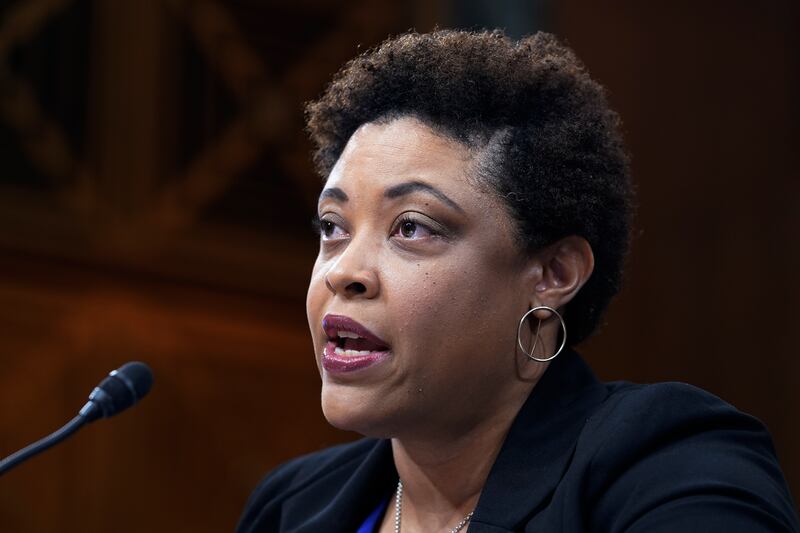 Office of Management and Budget Director Shalanda Young testifies during a Senate committee.