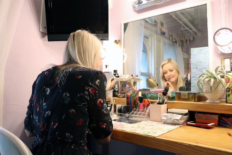 DeLaney Westfall getting ready for a performance of "Kinky Boots" at the Al Hirschfeld Theatre.