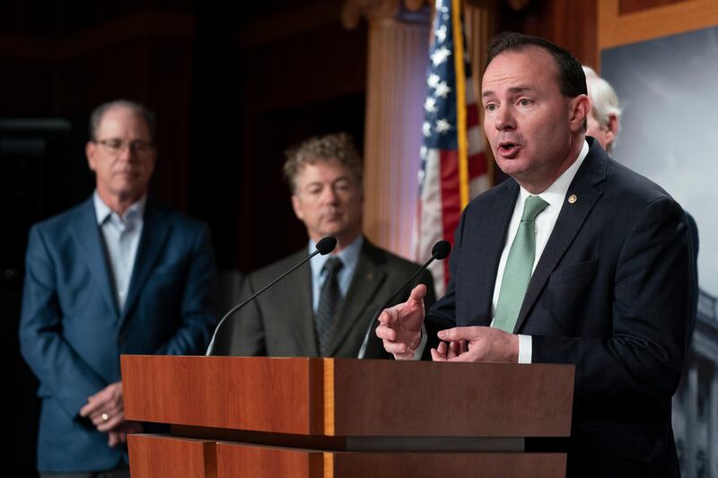 Sen. Mike Lee, R-Utah, talks about debt ceiling during a news conference on Capitol Hill in Washington, Jan. 25, 2023.