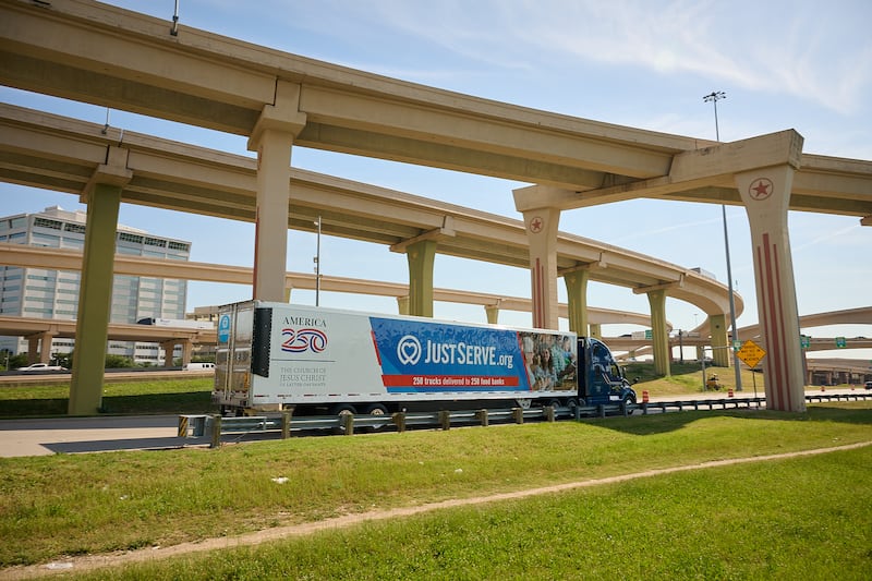 The 100th truckload of food donated by The Church of Jesus Christ of Latter-day Saints in celebration of America’s 250th anniversary travels to Joe's Pantry in Dallas, Texas, on Thursday, May 14, 2026.