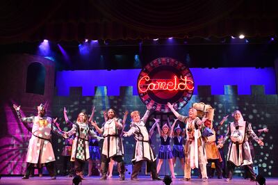 The Knights of the Round Table perform a musical number in the Grand Theatre's "Spamalot."