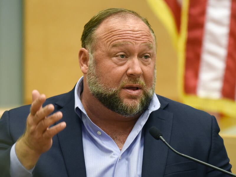 Infowars founder Alex Jones testifies at the Sandy Hook defamation damages trial at Connecticut Superior Court in Waterbury, Conn.