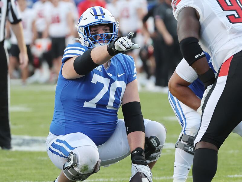 BYU offensive lineman Connor Pay lines up against the Texas Tech Red Raiders in Provo on Saturday, Oct. 21, 2023.