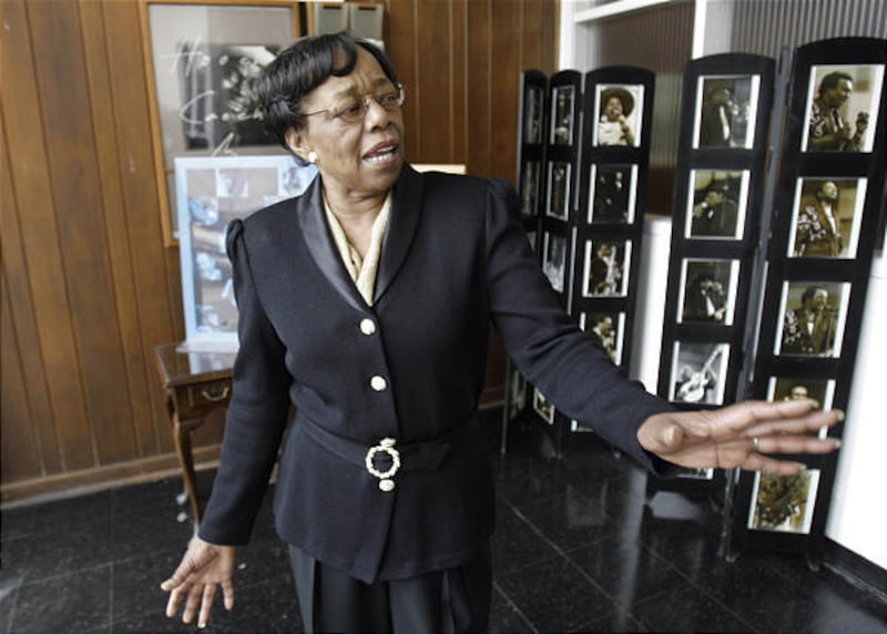 Marie Dixon, widow of blues legend Willie Dixon, shows off displays in the Blues Heaven Foundation in Chicago.
