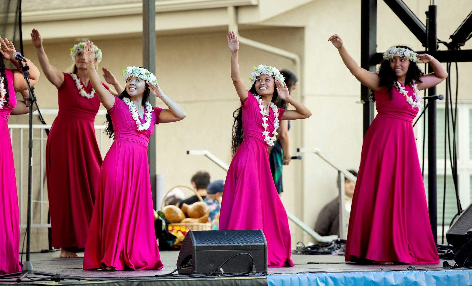 Dancers from Halau ku Pono I Kamalani, perform as Polynesian Month kicks off at the Pacific Heritage Academy in Salt Lake City on Saturday, July 31, 2021.