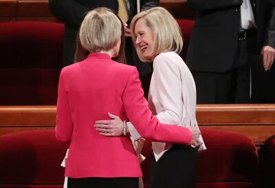 Sister Bonnie H. Cordon, Young Women general president, talks with Sister Jean Bingham, general president of the Relief Society, prior to the 189th Annual General Conference of The Church of Jesus Christ of Latter-day Saints in Salt Lake City on Saturday,