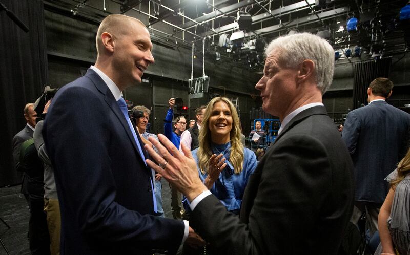 New men's basketball head coach Mark Pope and his wife Lee Anne talk with BYU President Kevin J Worthen after a press conference at the BYU Broadcast building in Provo on Wednesday, April 10, 2019.