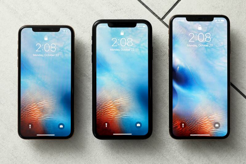 This Oct. 22, 2018, file photo shows the iPhone XS, from left, iPhone XR and the iPhone XS Max in New York.