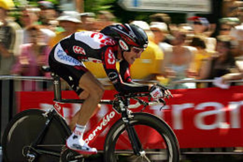 David Zabriskie of the U.S. races through Saturday's Tour de France time trial in Strasbourg, France. He finished in third place.