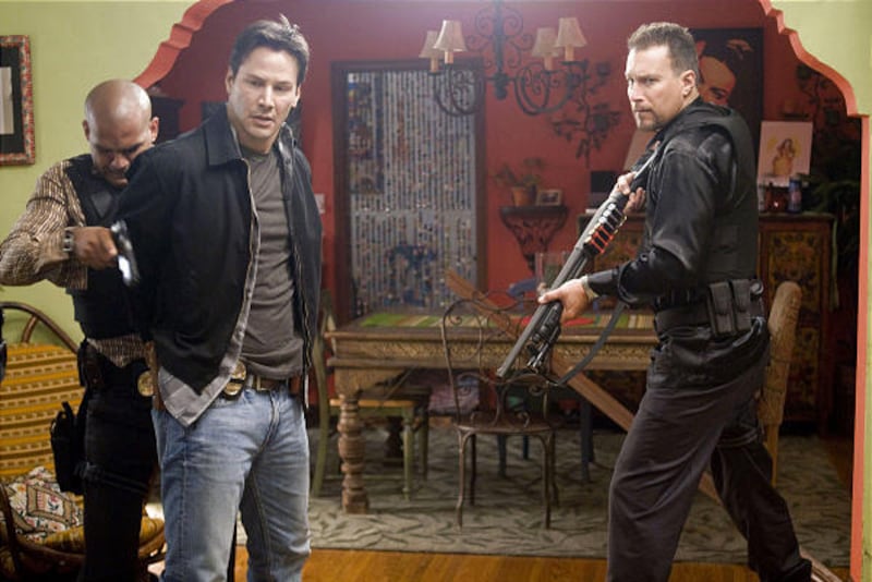 Amaury Nolasco, left, Keanu Reeves and John Corbett in the thriller "Street Kings," which draws heavily on other films of the genre.