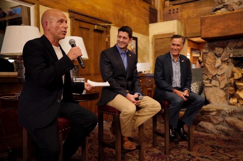 Steve Hilton, host of Fox News' "The Next Revolution," left, former U.S. House Speaker Paul Ryan, middle, and Sen. Mitt Romney, R-Utah, right, participate at the annual E2 Summit founded by Romney to discuss policy and politics on Friday, June 7, 2019. S