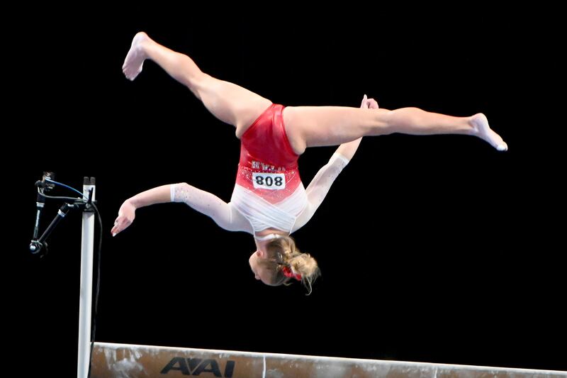 Utah’s Abby Paulson performs on the balance beam during the NCAA Women’s Gymnastics Championships.