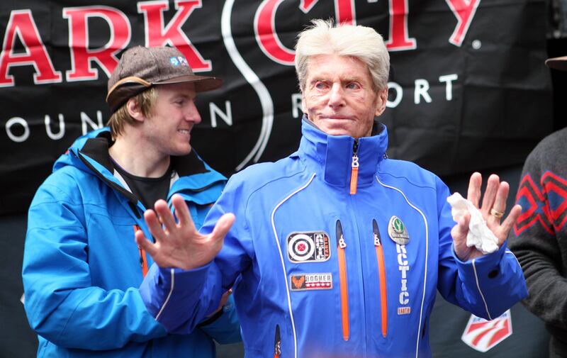 Stein Eriksen, right, speaks at the celebration for world champion and Ted Ligety at Park City Mountain Resort in 2013.