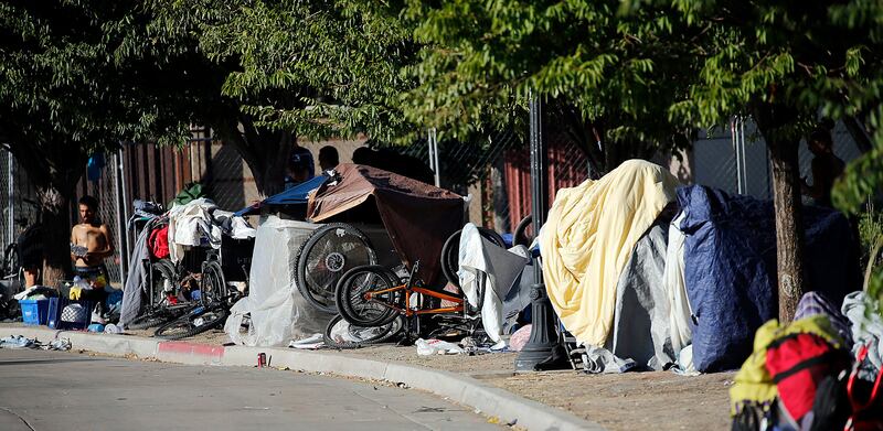 Makeshift shelters are visible on 500 West in Salt Lake City on Friday, Aug. 11, 2017.