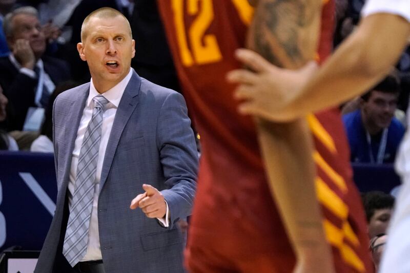 BYU coach Mark Pope talks to players during a game against Iowa State, Tuesday, Jan. 16, 2024, in Provo, Utah.
