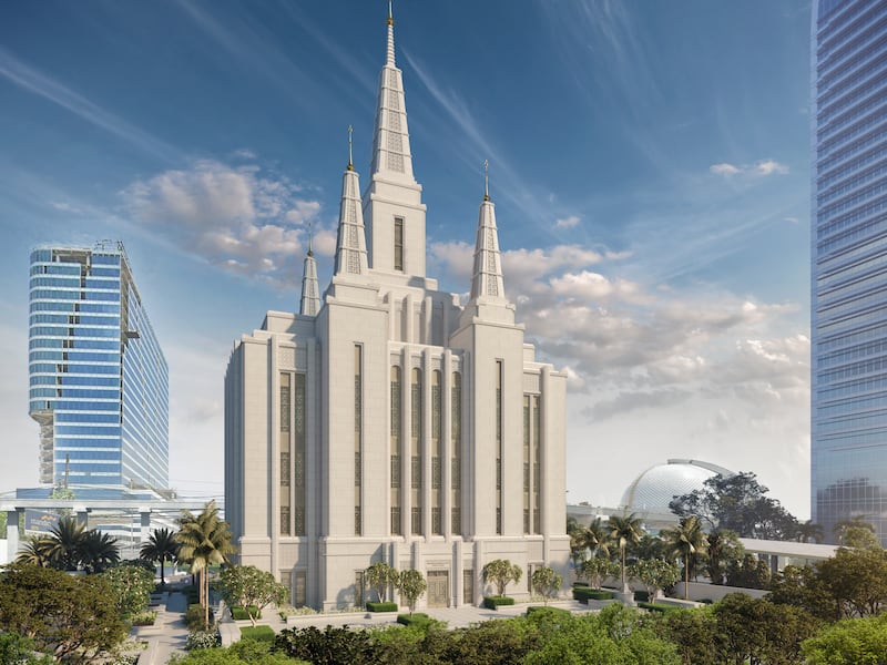 An exterior rendering of the Jakarta Indonesia Temple.