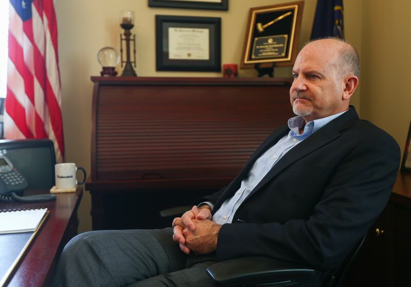 State Treasurer David Damschen works in his office at the Capitol in Salt Lake City on Friday, Jan. 25, 2019. Damschen is tasked to find ways for medical marijuana businesses and state agencies to get or maintain banking services.