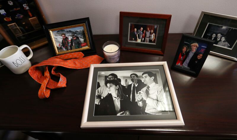 A phtotograph of newly elected Salt Lake County Mayor Jenny Wilson with her father, former Salt Lake City Mayor Ted Wilson, on election night in 1988 when Ted Wilson lost the governor's race to Norm Bangerter, sits on her desk in her office in the Salt La