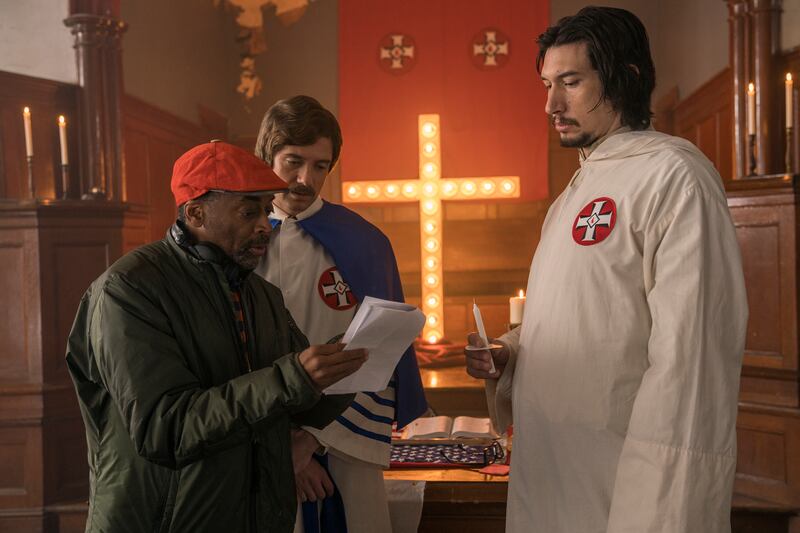 Director Spike Lee, and actors Topher Grace and Adam Driver on the set of “BlacKkKlansman.”