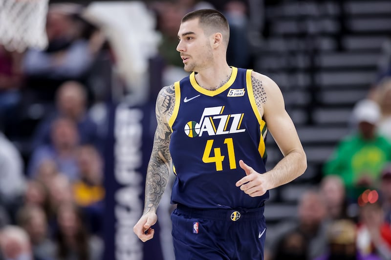 Utah Jazz forward Juancho Hernangomez (41) moves downcourt during the game against the Orlando Magic at Vivint Arena in Salt Lake City on Friday, Feb. 11, 2022.