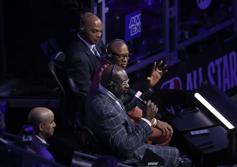 Charles Barkley, Kenny Smith and Shaquille O’Neal entertain the crowd before the NBA All-Star Game at Vivint Arena on Feb. 19, 2023.