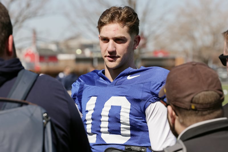 BYU quarterback Kedon Slovis talks with media after the Cougars practiced in Provo on Friday, March 17, 2023.