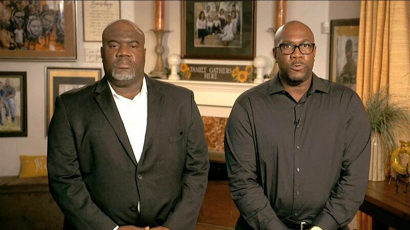 In this image from video, Philonise Floyd, right, and Rodney Floyd speaks during the first night of the Democratic National Convention on Monday, Aug. 17, 2020.
