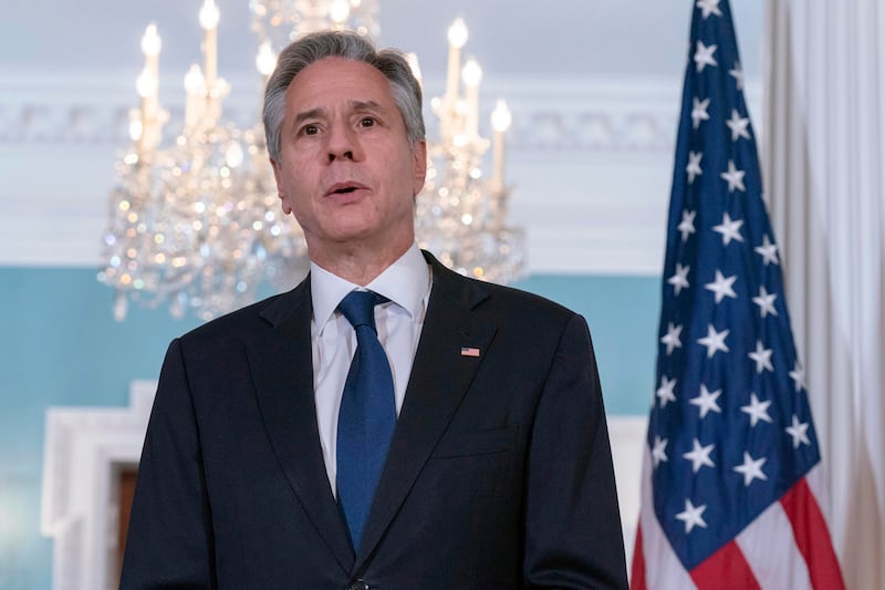 Secretary of State Antony Blinken talks to reporters in Washington.