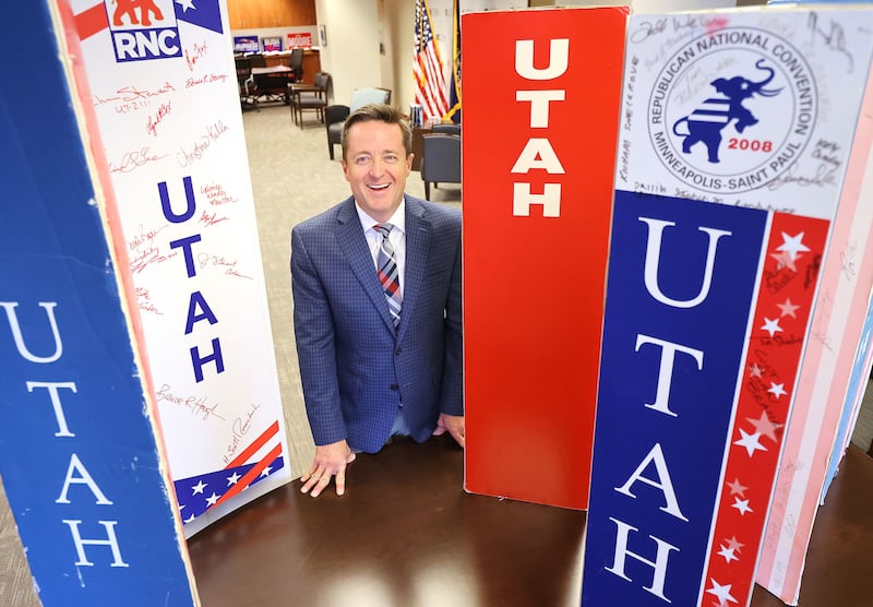 Outgoing Utah GOP Party Chairman Derek Brown poses for a photo at the party’s headquarters in Salt Lake City on April 28, 2021.