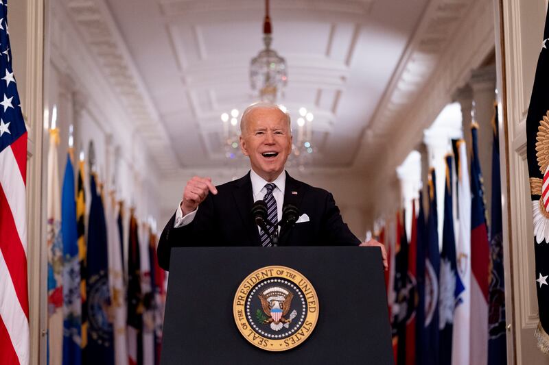 President Joe Biden speaks about the COVID-19 pandemic during a prime-time address from the East Room of the White House, Thursday, March 11, 2021, in Washington.