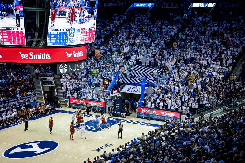BYU’s ROC student section attempts to distract an Iowa State free throw shooter on Jan. 16, at the Marriott Center.