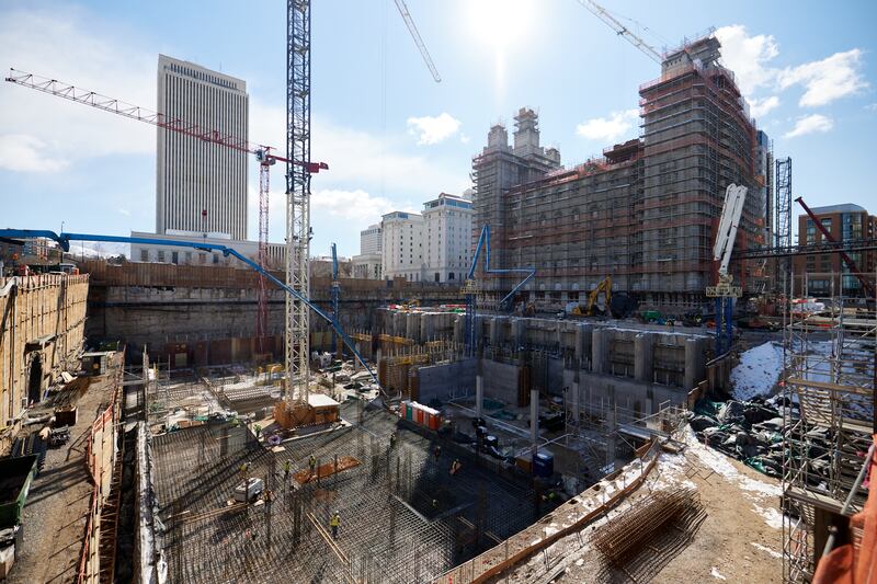 A view of the north side of the Salt Lake Temple during its major renovation in 2022.
