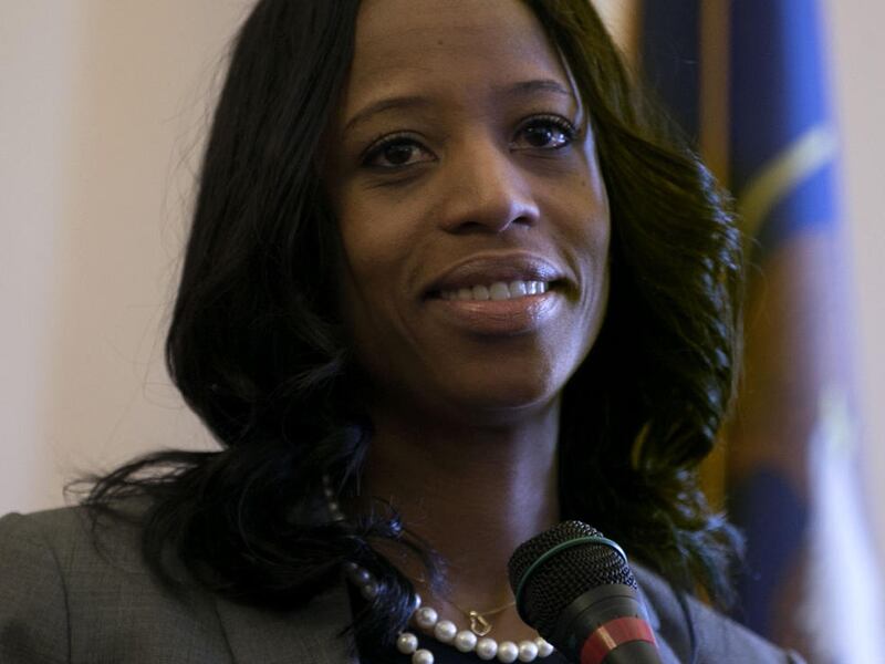 FILE - Congresswoman Mia Love speaks at the Capitol in Salt Lake City on Friday, Jan. 29, 2016. In an interview Friday, Love said her first bill to pass the House, raising limits on how large community banks can grow, will make more credit available.