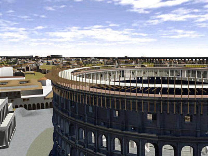 An image provided by the Board of Visitors of the University of Virginia shows a reconstruction of Rome's Colosseum. Google Earth has added a 3-D simulation that reconstructs nearly 7,000 buildings of ancient Rome.
