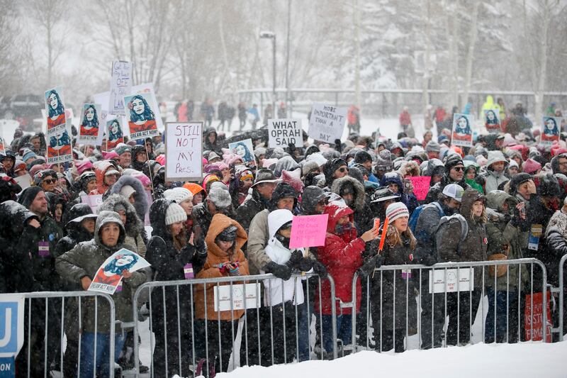 Demonstrators attend the Respect Rally Park City during the 2018 Sundance Film Festival on Saturday, Jan. 20, 2018, in Park City, Utah. (Photo by Danny Moloshok/Invision/AP)