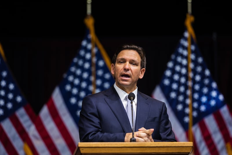 Florida Gov. Ron DeSantis speaks during the Utah Republican Party Organizing Convention at Utah Valley University in Orem on April 22, 2023.