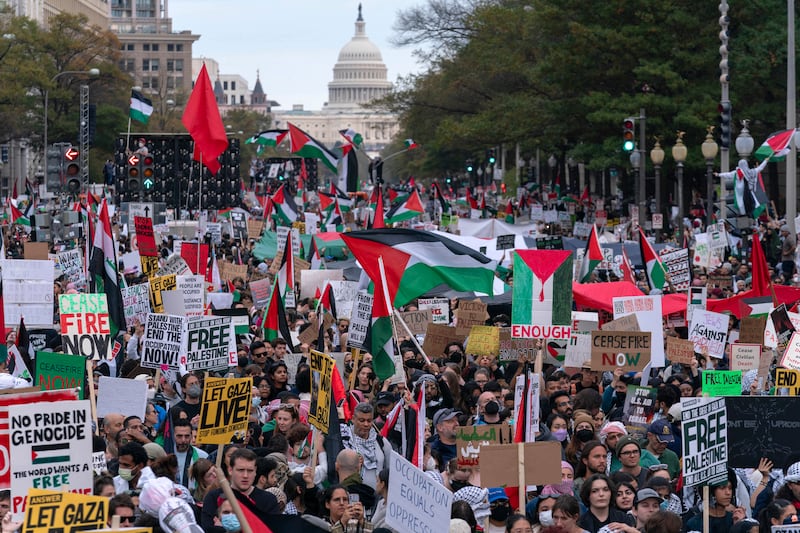 With the U.S. Capitol in the background, thousands of protesters rally during a pro-Palestinian demonstration at Freedom Plaza in Washington, Saturday, Nov. 4, 2023.