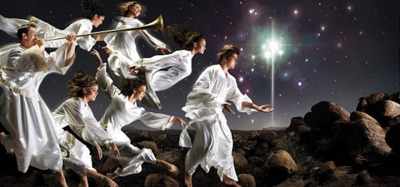 Models jumping on a trampoline in front of a green screen helped Mark Mabry create the image of angels declaring Christ's birth.