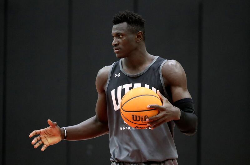 Keba Keita practices with the Utah Runnin’ Utes at the Jon M. and Karen Huntsman Basketball Facility in Salt Lake City on Tuesday, Sept. 26, 2023.