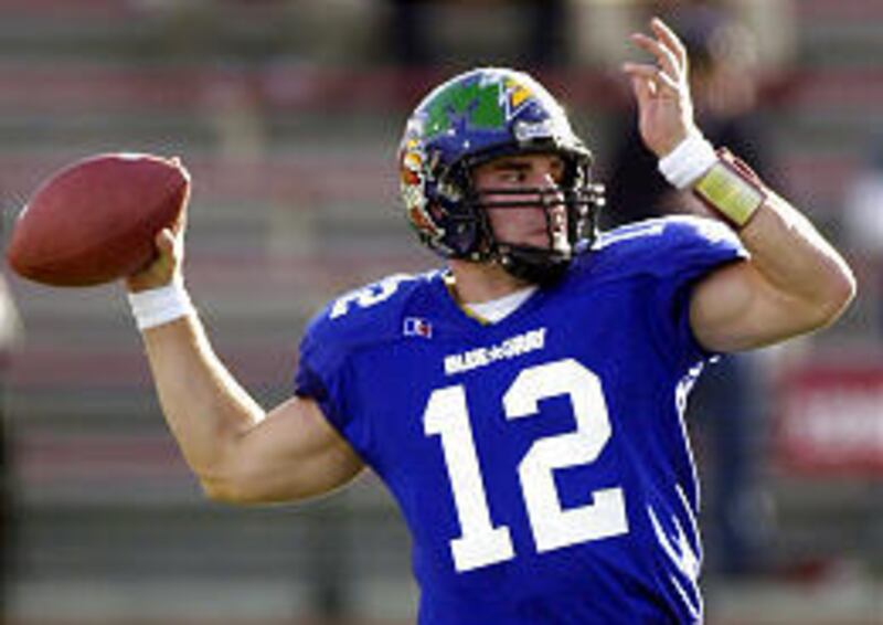 Blue squad quarterback Scott Rislov of San Jose State looks to pass in the first quarter of the Blue-Gray All Star Classic in Troy, Ala., Thursday.