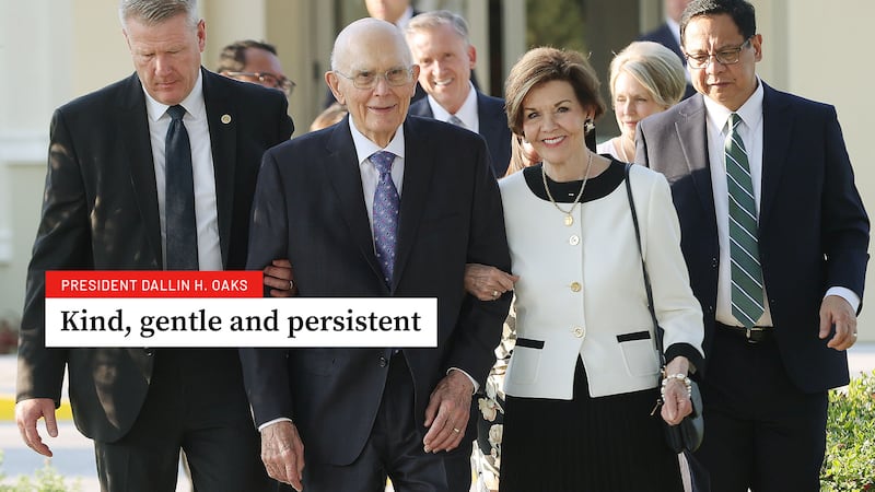 President Dallin H. Oaks walks with his wife and others in the title image of a new Church News video titled "Kind, gentle and persistent" released Oct. 17 2025,