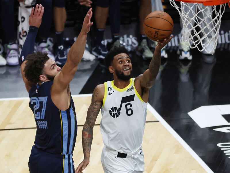 Utah Jazz guard Nickeil Alexander-Walker (6) drives past Memphis Grizzlies guard David Roddy (27) in Salt Lake City on Saturday, Oct. 29, 2022.