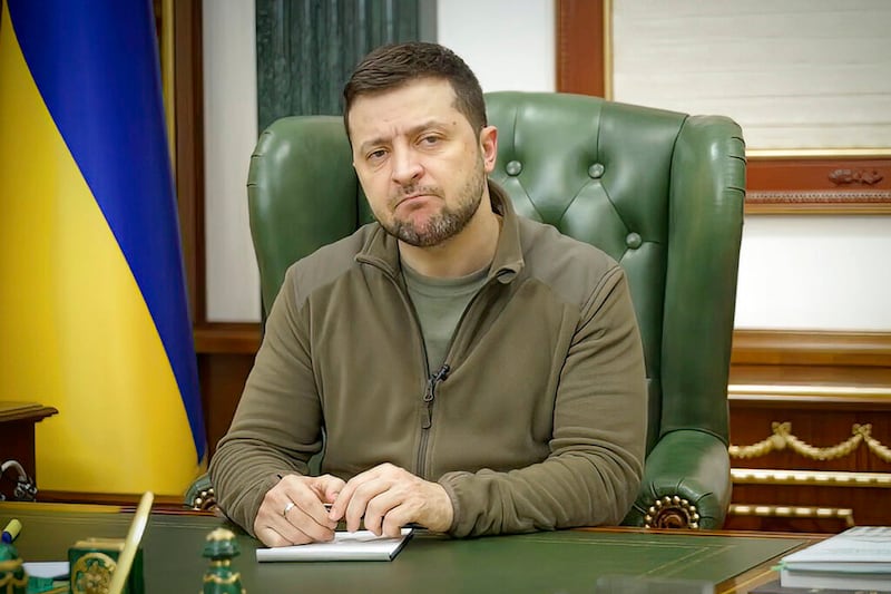 Ukrainian President Volodymyr Zelenskyy speaks in Kyiv, Ukraine.