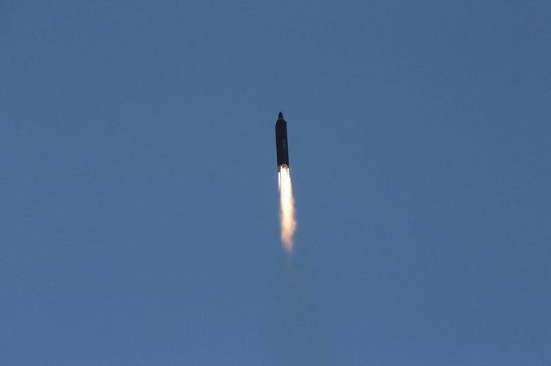 This May 14, 2017, photo distributed by the North Korean government shows the Hwasong 12, a new type of ballistic missile, as it is launched from an undisclosed location in North Korea. Many analysts believe the missile could be a stepping stone to the IC