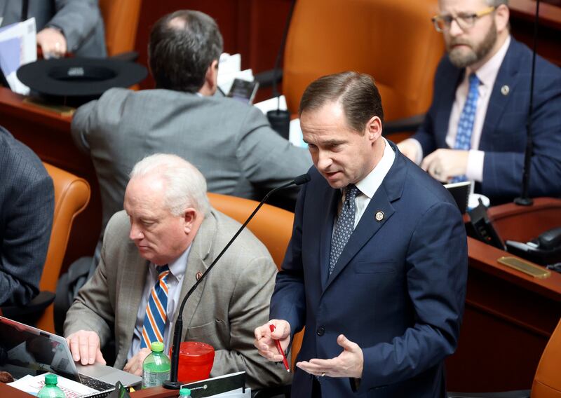 Rep. Steve Eliason, R-Sandy, talks about HB499 Homeless Services Amendments, which he is sponsoring, in the House chamber at the Capitol in Salt Lake City on Tuesday. The bill is meant to address some of the shortfalls discovered this winter in trying to address the issue of homelessness.