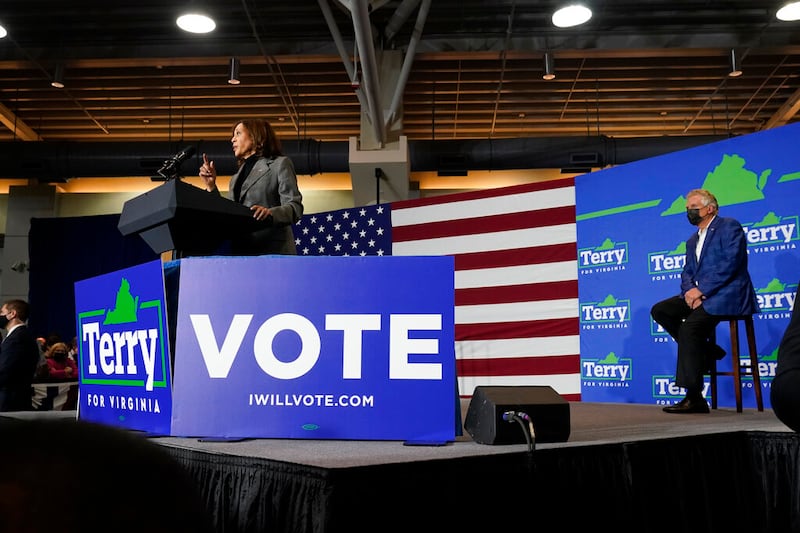 Vice President Kamala Harris speaks as Democratic gubernatorial candidate former Gov. Terry McAuliffe.