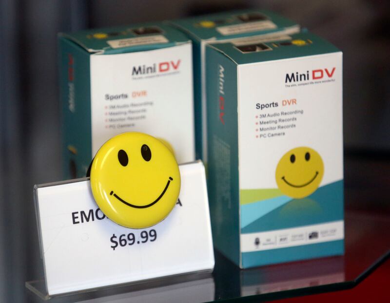 An emoji button spy camera is on display at Dixon Security Cameras in South Salt Lake on Tuesday, March 12, 2019.