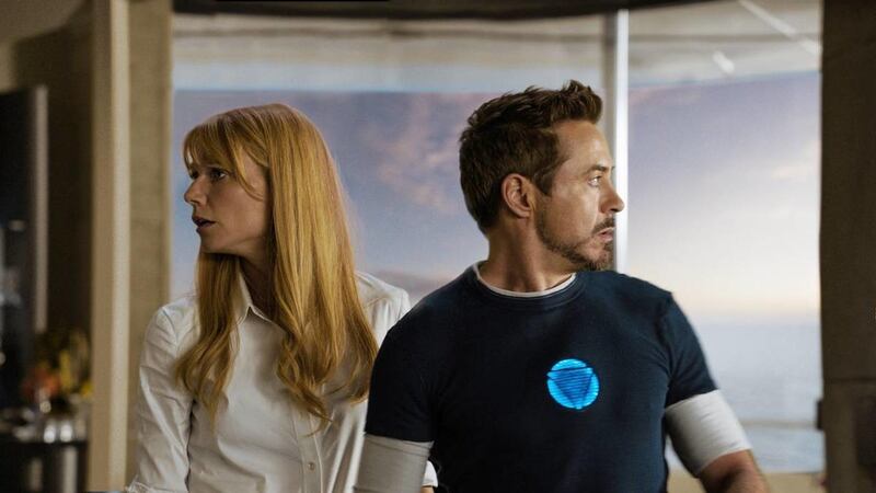 Gwyneth Paltrow, left, as Pepper Potts and Robert Downey Jr. as Tony Stark in "Iron Man 3."